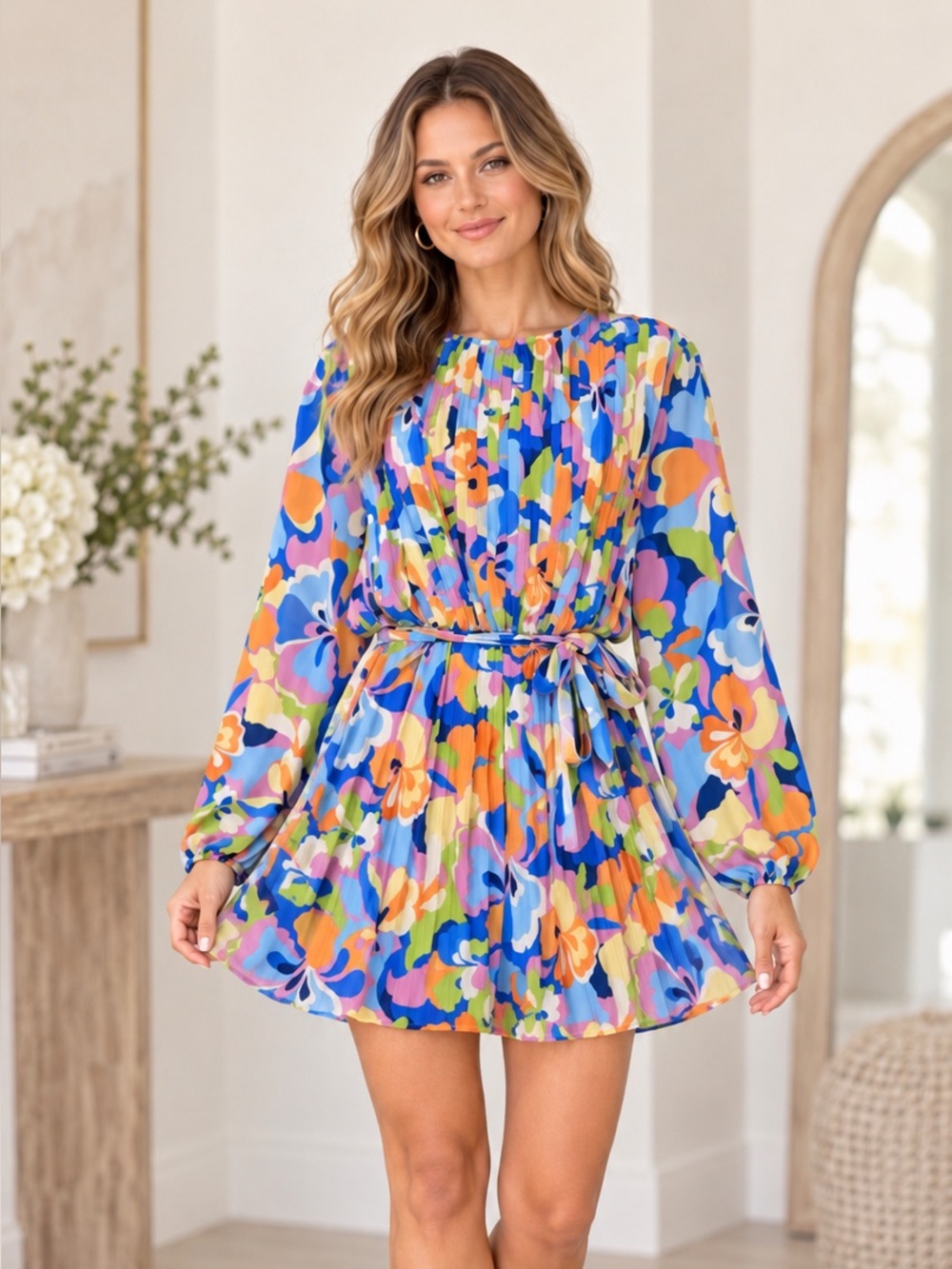 Flying Tomato Floral Pleated Romper Multicolor Long Sleeve Size Medium